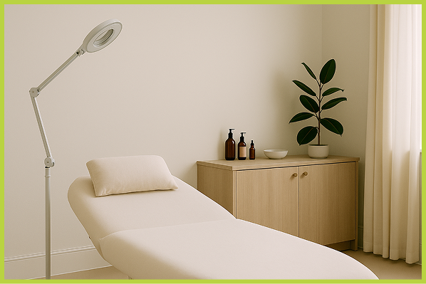 A minimalistic treatment room with a white examination table, a pillow, a tall adjustable lamp, a wooden cabinet with bottles and a bowl, a potted plant, and a curtain on a window.