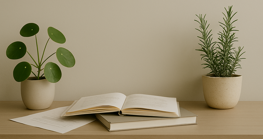 Open notebook and closed book on a wooden desk with a potted plant with round leaves on the left and a potted rosemary plant on the right.