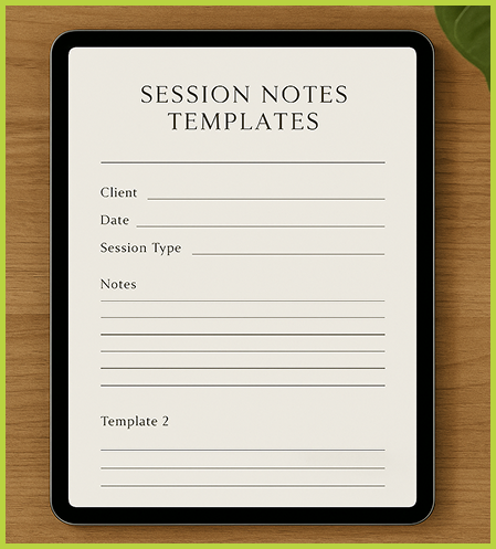 Digital tablet displaying session notes templates on a wooden surface with a green plant partially visible in the corner.