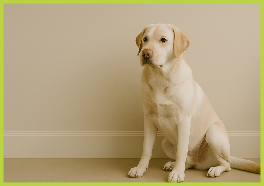 A light-colored Labrador Retriever puppy sitting indoors against a beige wall with white baseboard, framed by a light green border.