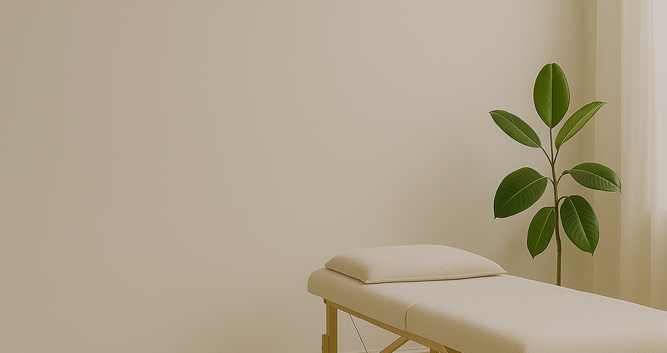 Treatment room with massage table, pillow, and a large potted plant near a window.