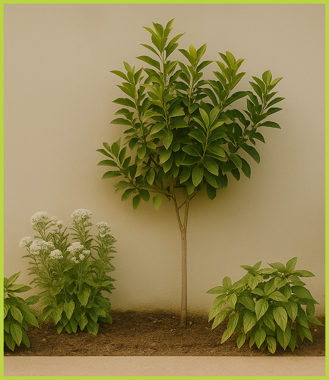 A small potted garden arrangement featuring a large leafy plant in the center, a flowering bush with white blooms to the left, and another green leafy plant to the right, all set against a beige background with a green border.