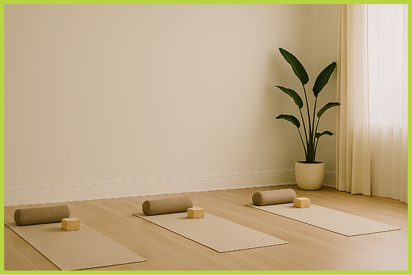 Three yoga mats each with a foam roller and wooden blocks, in a room with wooden flooring and a potted plant near a window with curtains.