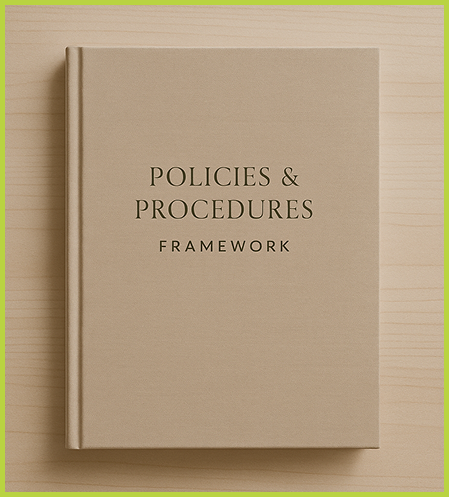 A beige hardcover book titled 'Policies & Procedures Framework' placed on a light wooden surface.