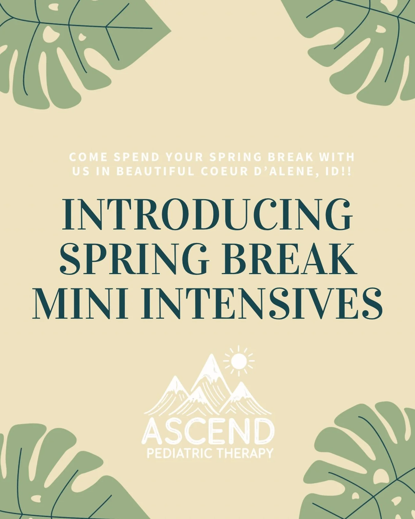 Spring Break Mini Intensives are HERE!!!! 

We are opening 1-week therapy mini intensives designed specifically for school-aged kiddos and families who travel during spring break.
This is the perfect option if: ✔️ You&rsquo;ve been on the fence about