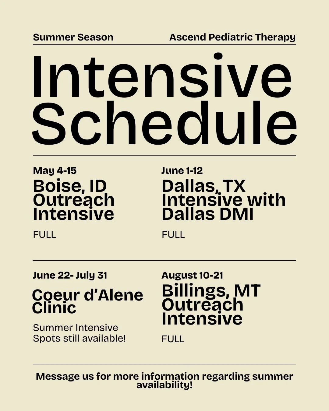 Summer is calling and we are SO here for it ☀️

Between all of the traveling intensives (which I am suuuuper excited about 🤍✈️), the schedule is filling up fast! There is only 6 weeks of availability left in our Coeur d'Alene clinic from June 22 &nd