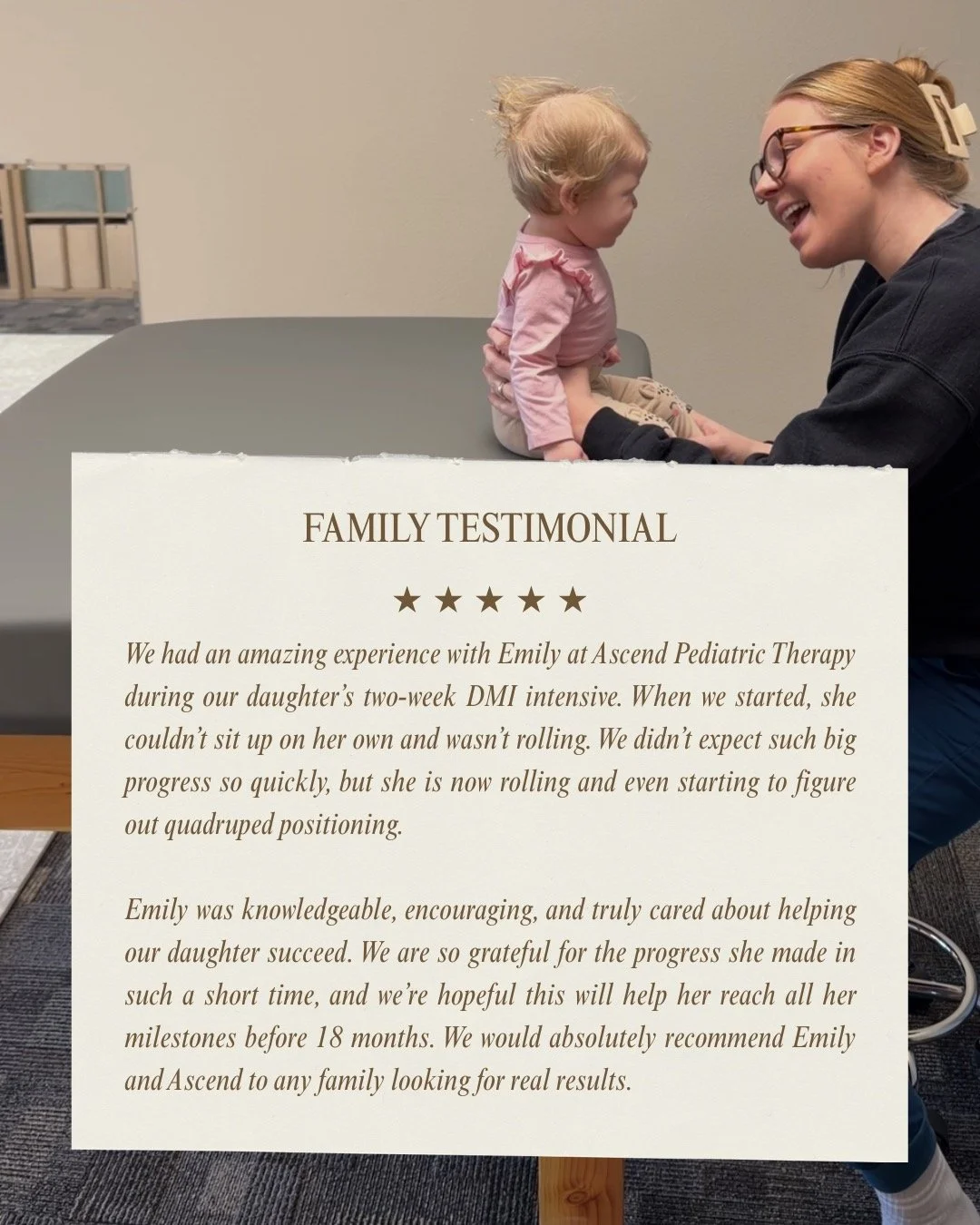 Real words from a real Ascend family 🤍
&ldquo;We had an amazing experience during our daughter&rsquo;s two-week DMI intensive. When we started, she couldn&rsquo;t sit independently or roll&hellip; and now she&rsquo;s rolling and beginning to explore
