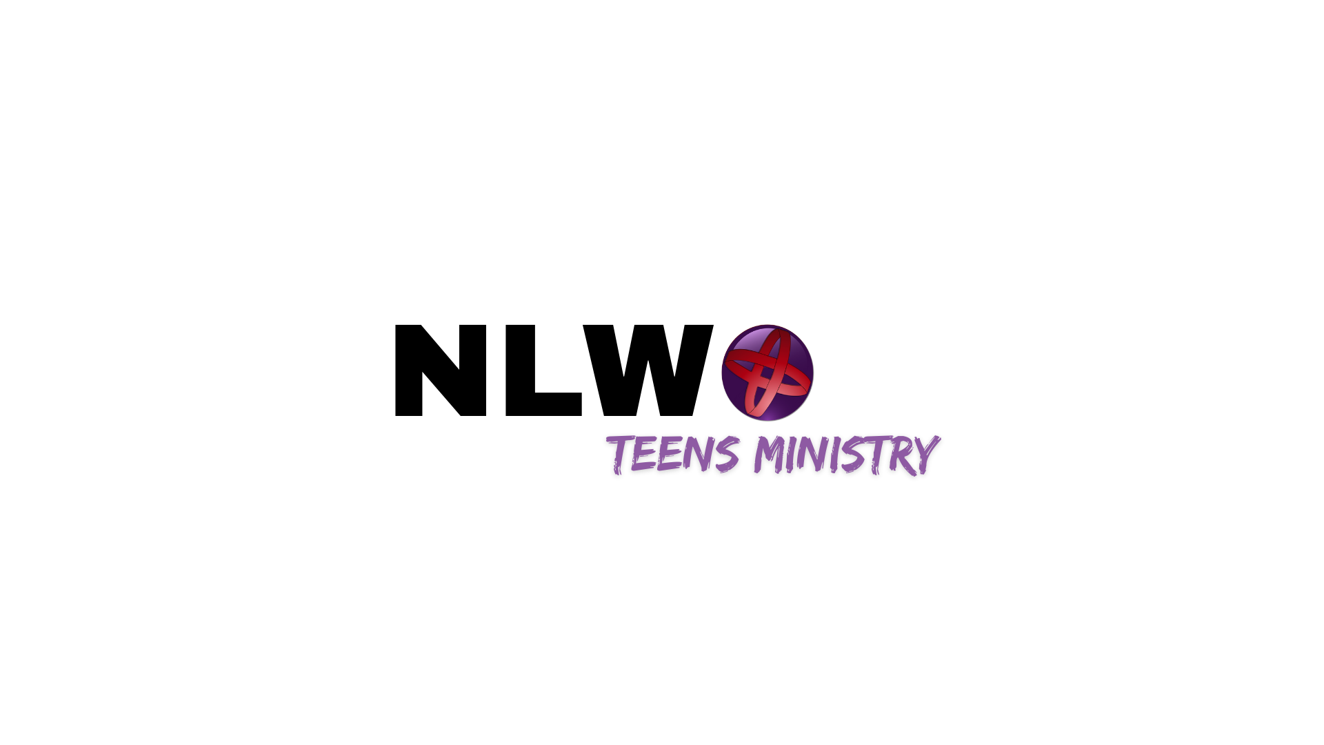 Logo for NLW Teens Ministry featuring bold black letters 'NLW' with a purple and red globe icon, and purple cursive text 'Teens Ministry' underneath.