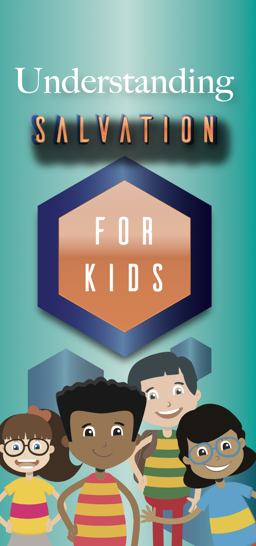 Colorful book cover titled 'Understanding Salvation for Kids' featuring four smiling children with diverse appearances and colorful striped shirts.