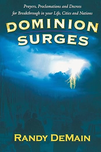 Book cover titled 'Dominion Surges' by Randy DeMain, featuring a stormy sky with lightning in the background and dark clouds.