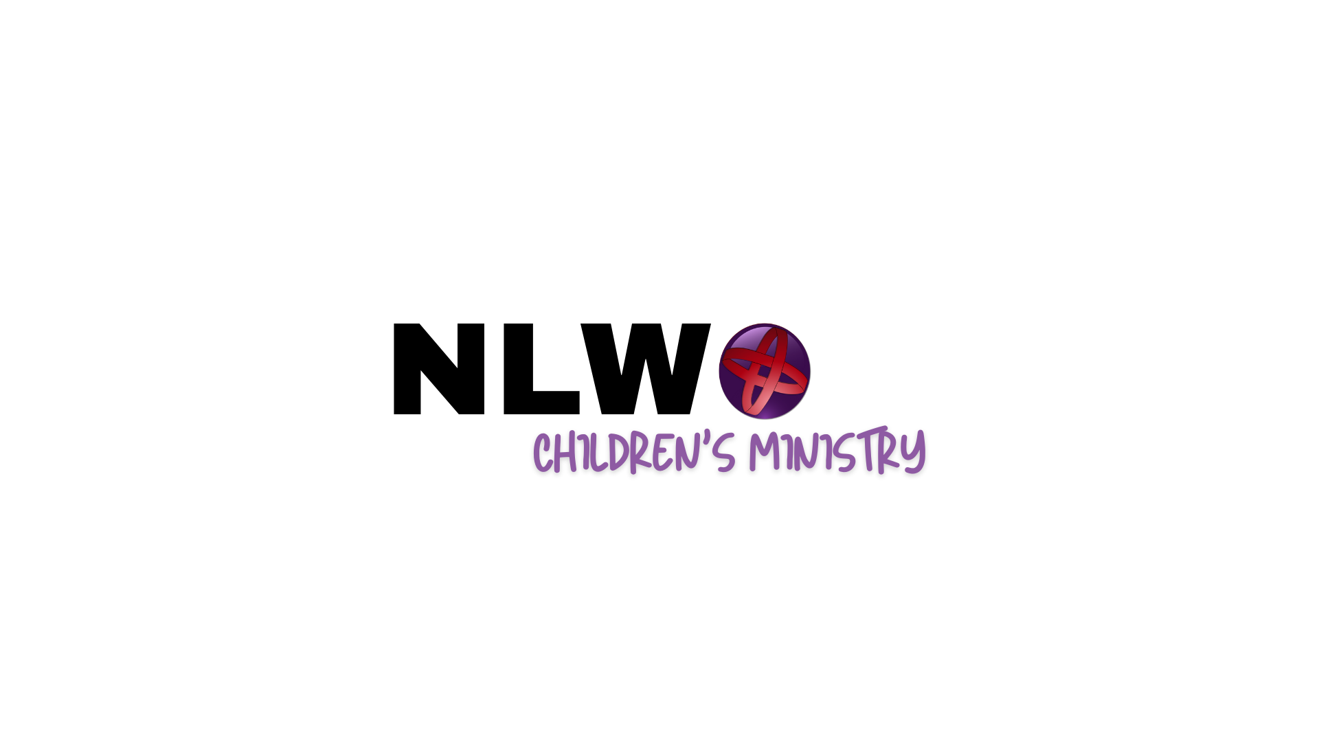 Logo of NLW Children's Ministry, with bold black letters 'NLW', purple stylized text 'Children's Ministry', and a purple globe with red accents.