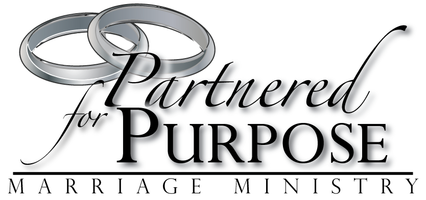 Two wedding rings above the words "Partnered Purpose" in stylized black font.