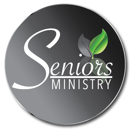 Logo for Seniors Ministry featuring the words "Seniors Ministry" with two green leaves above the text, on a circular black and gray gradient background.