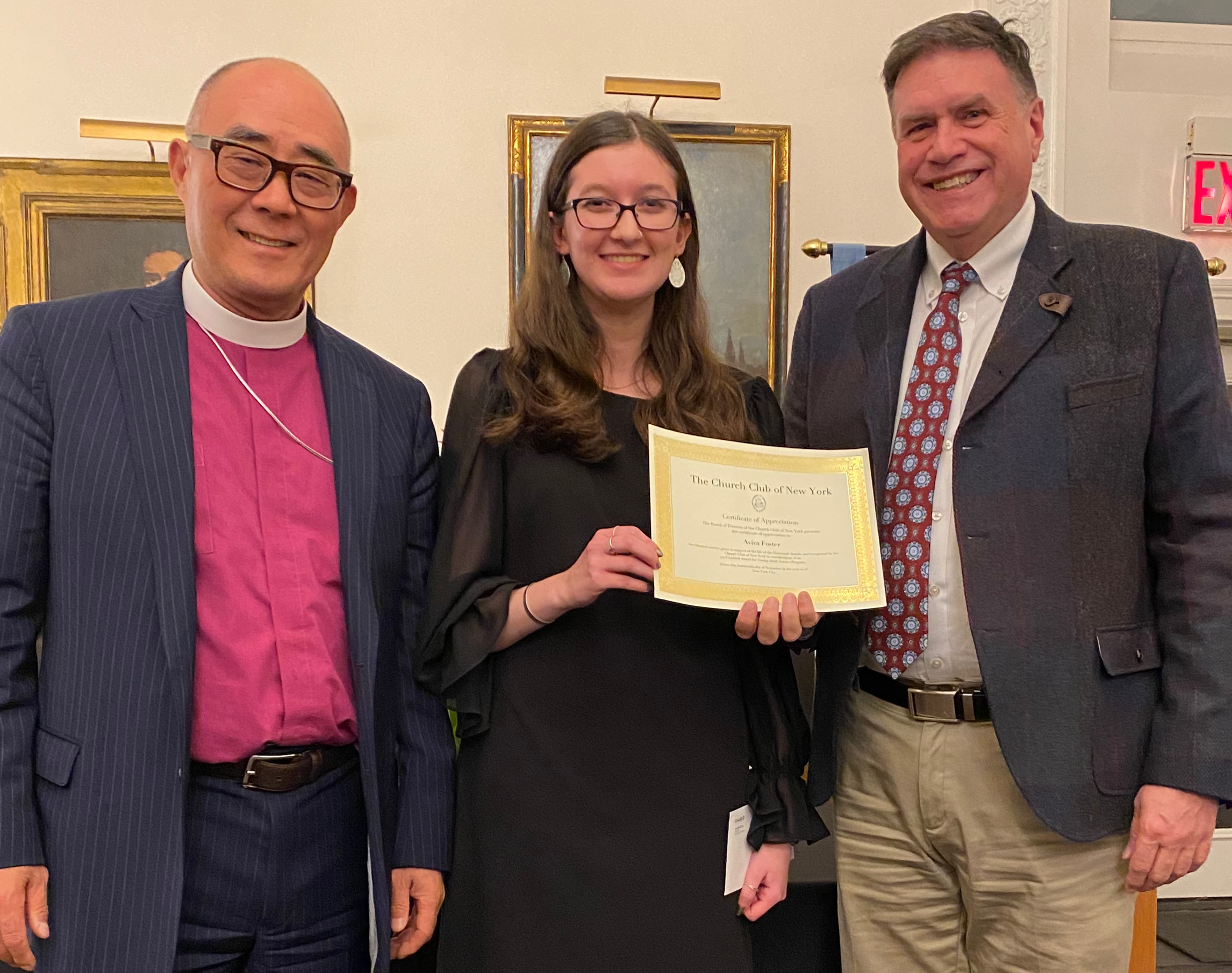 2023 Recipient Aviva Foster, accompanied by Bishop Allen K. Shin and Emory Edwards