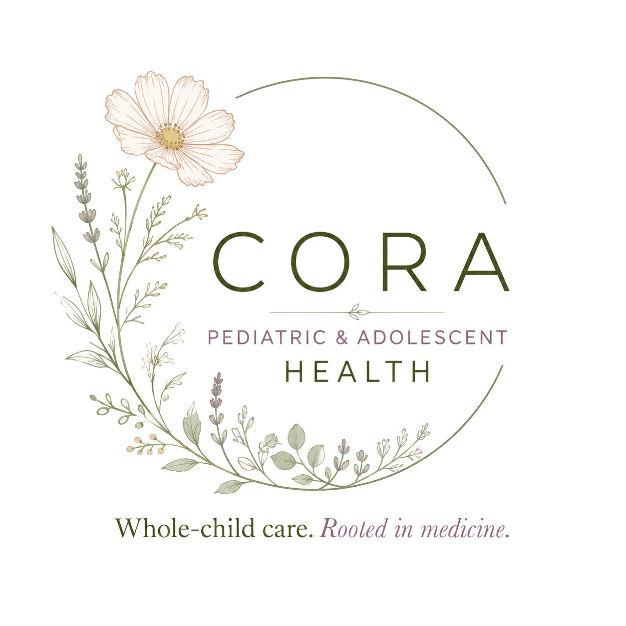 Logo for Cora Pediatric & Adolescent Health with floral design, featuring a flower and leaves, and the slogan 'Whole-child care. Rooted in medicine.'