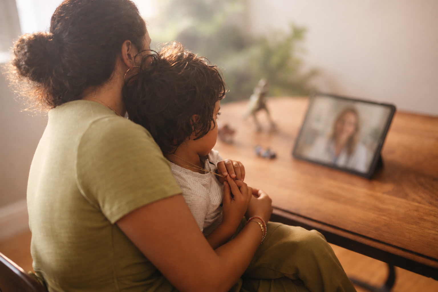 A woman and a child are sitting at a wooden table, watching a video call on a tablet. The woman has curly hair tied back, and the child is holding a necklace, both focused on the screen showing a woman.