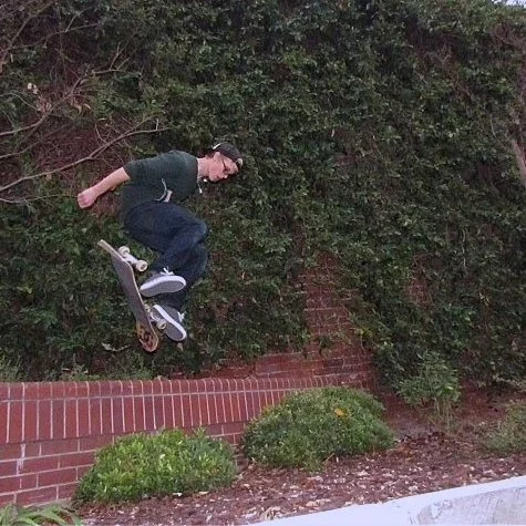 A person skateboarding on a sidewalk near a brick wall and lush green bushes.