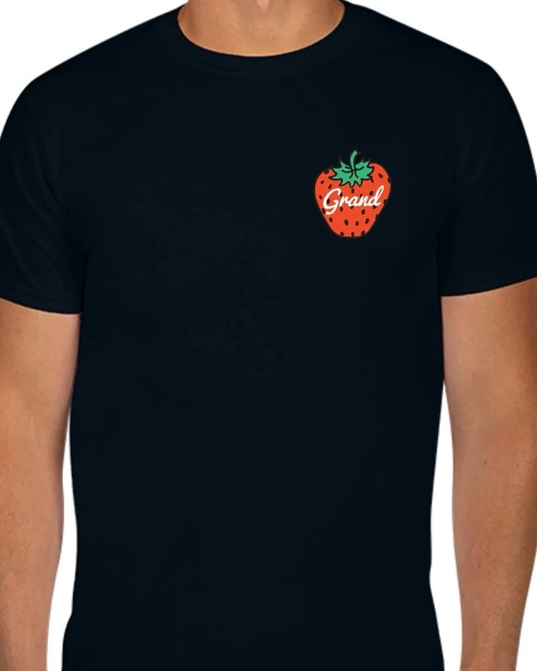 Black t-shirt with a small strawberry graphic and the word "Grand" written on it.