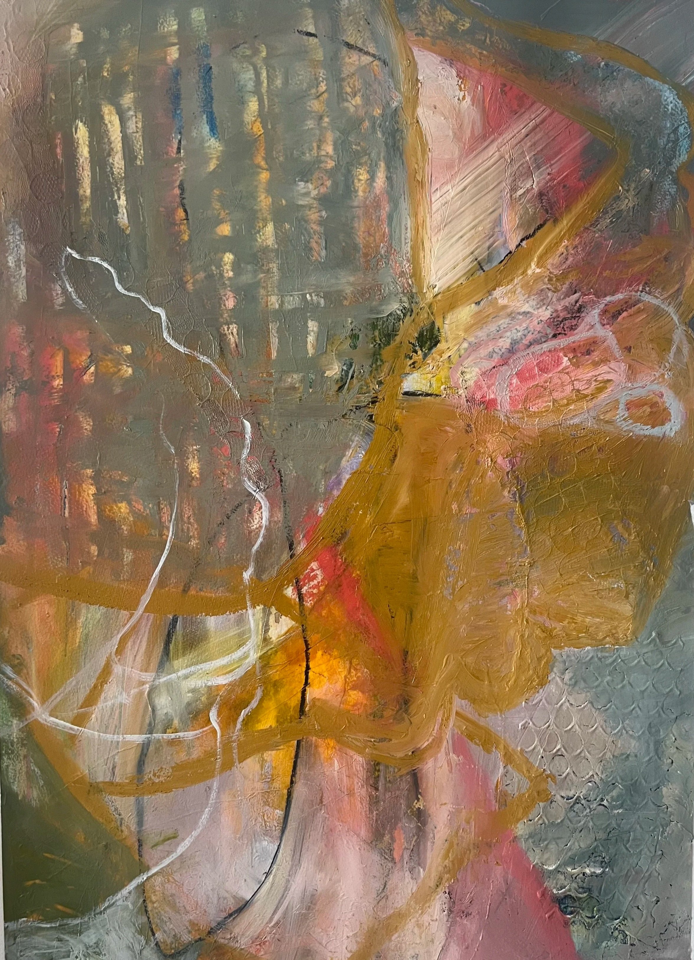 the beings below, 30 x 22 in, mixed media with collage and oil on paper