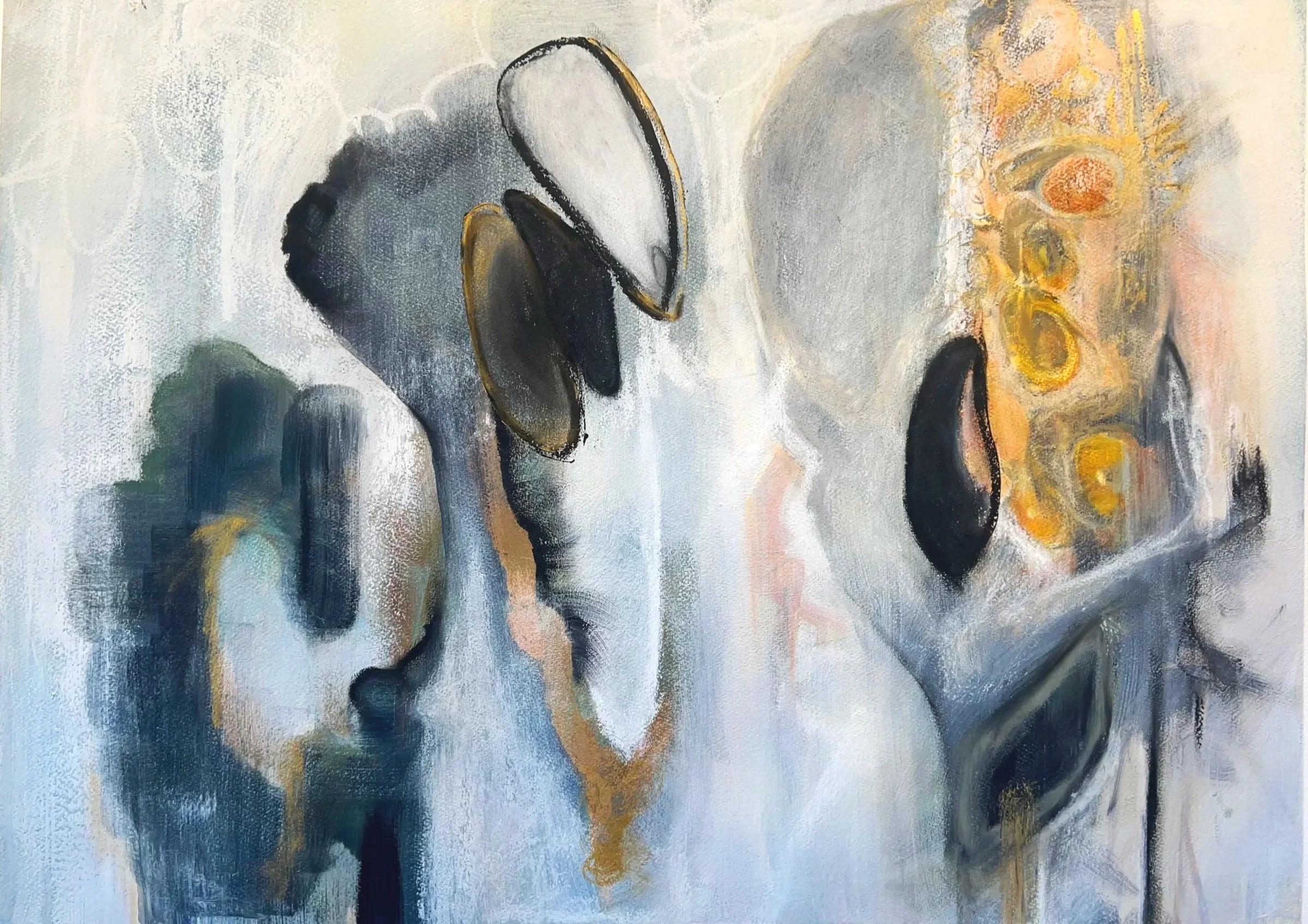 fear not, 22 x 30 in, mixed media with oil paint, oil pastels and gold leaf on paper