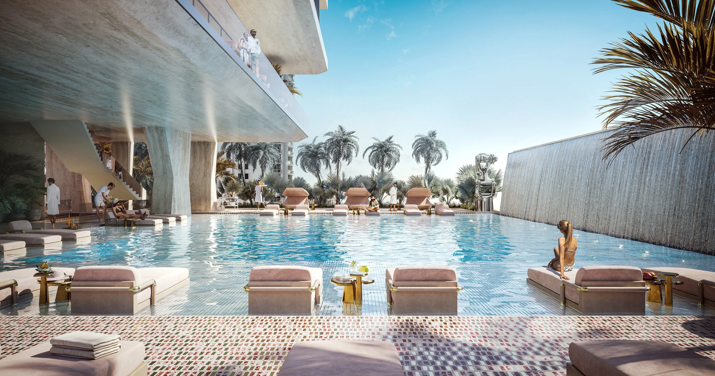 Luxury outdoor pool area with lounge chairs, palm trees, and modern architecture.
