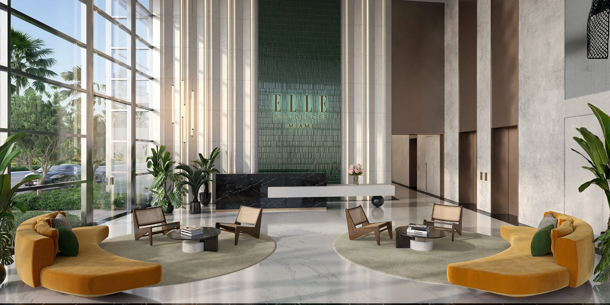 Modern hotel lobby featuring large floor-to-ceiling windows, yellow curved sofas with green pillows, small round coffee tables, wooden chairs, indoor plants, a marble reception desk with a green tile backdrop, and elevator doors.