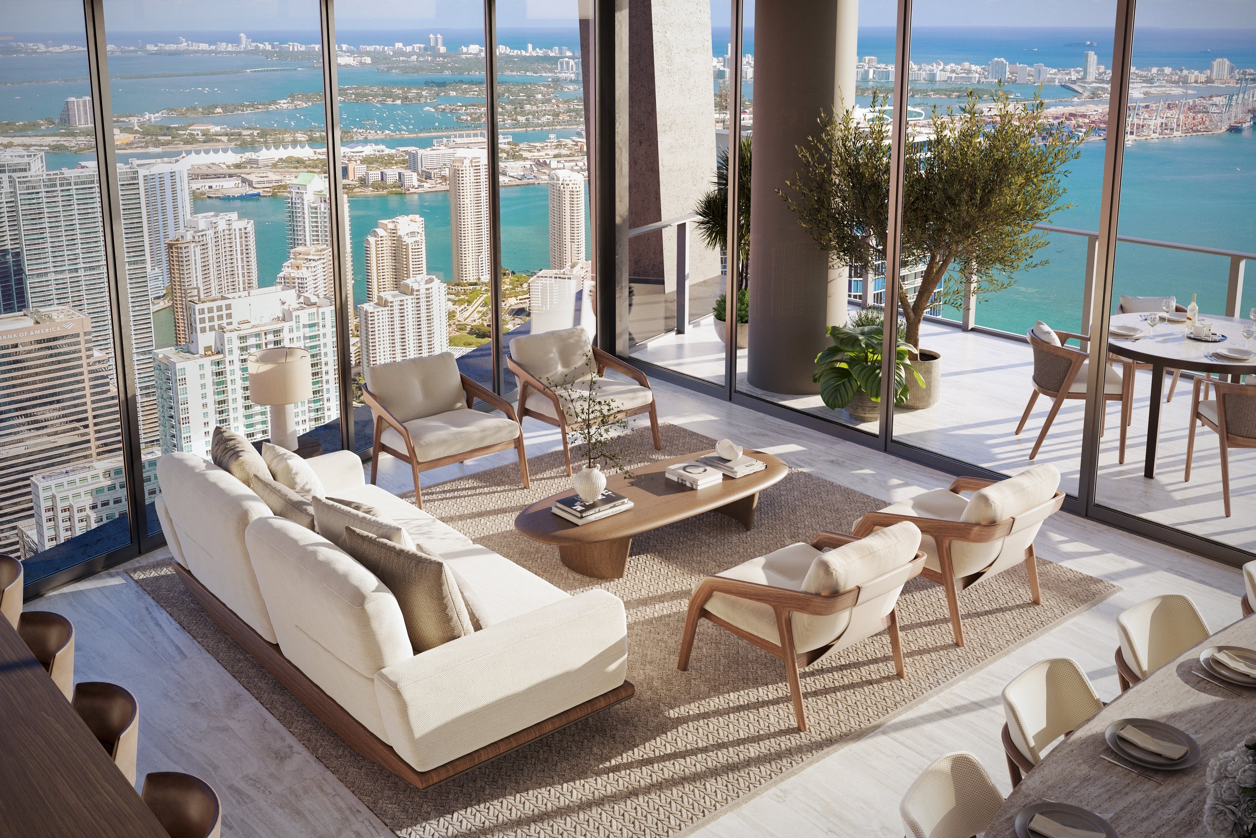 Modern high-rise apartment living room with large glass windows showcasing a city skyline and water view. Features a white sofa, light-colored armchairs, a wooden coffee table, potted plants, and a dining area on a balcony.