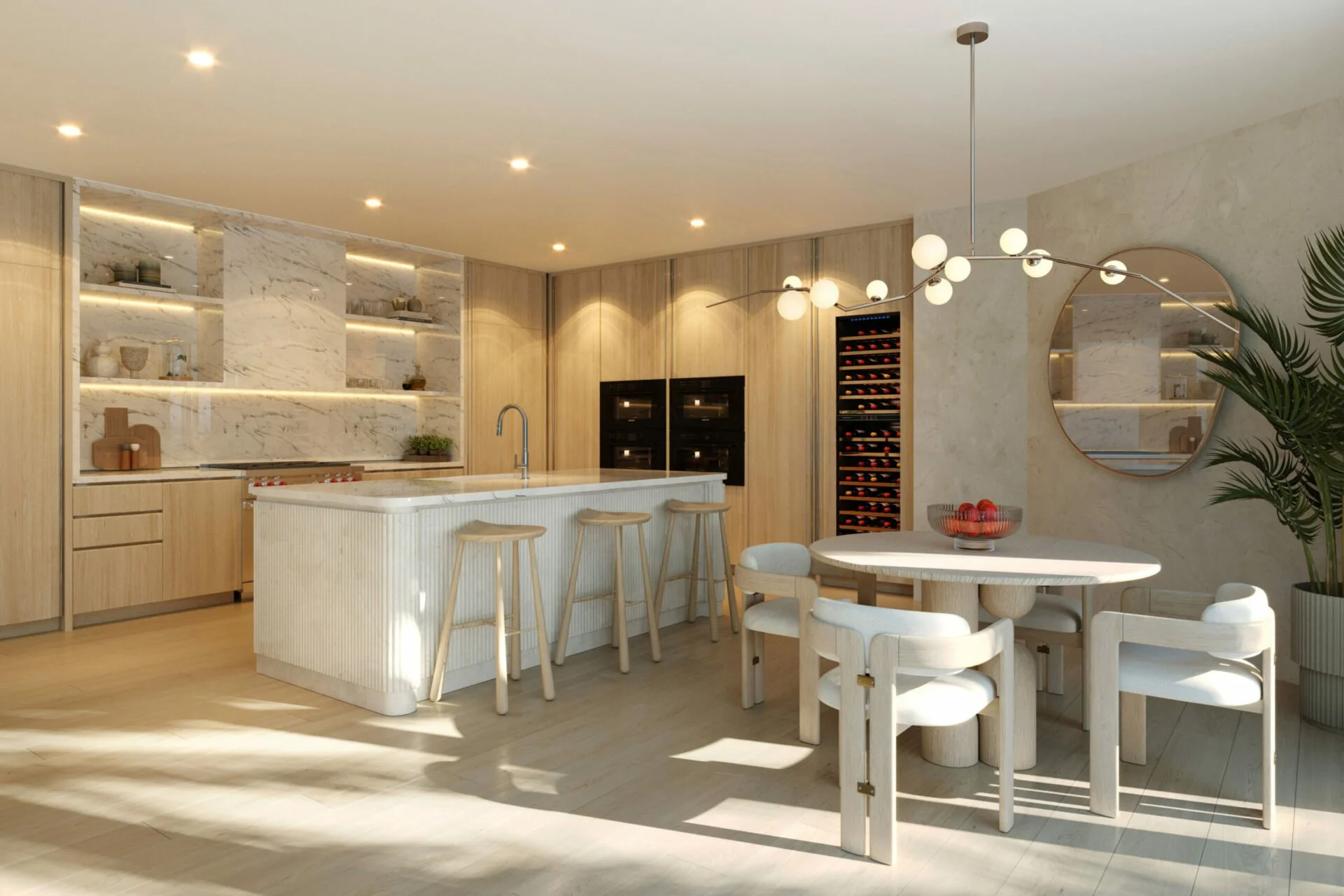 Modern kitchen and dining area with light wood cabinets, white marble backsplash, a kitchen island with a white countertop, beige stools, and a dining table with white chairs. Modern lighting and decorative elements, including a round mirror and a plant, complete the space.