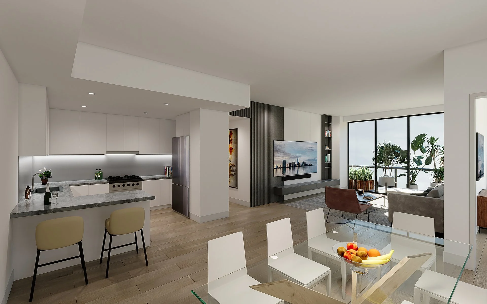 Modern open-concept living room and kitchen with large windows, plants, and contemporary furniture.