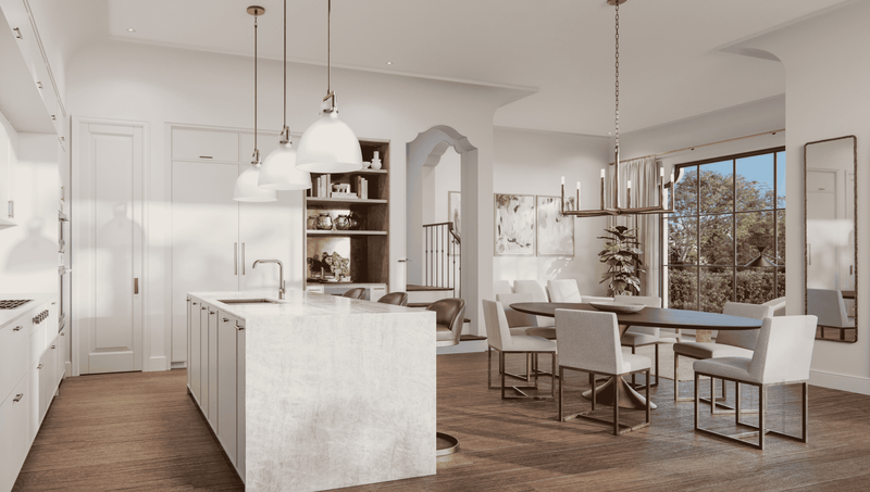 Open-concept kitchen and dining area with white cabinetry, a marble kitchen island, a dining table with eight upholstered chairs, large windows showing outdoor trees, and modern decor.