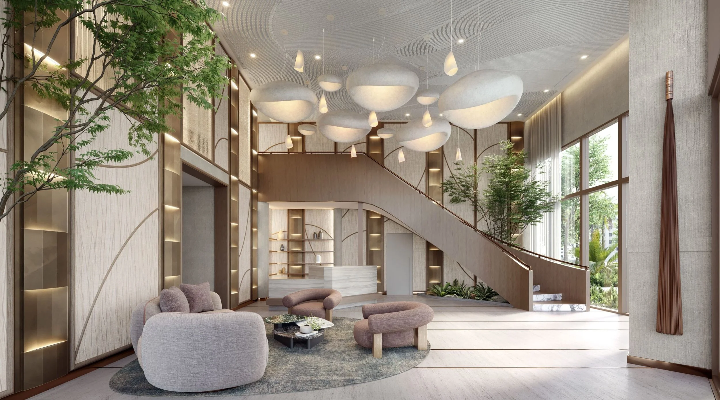 Elegant hotel lobby with modern decor, large windows, potted plants, hanging pendant lights, a curved staircase, and seating area with cushioned chairs and a round rug.