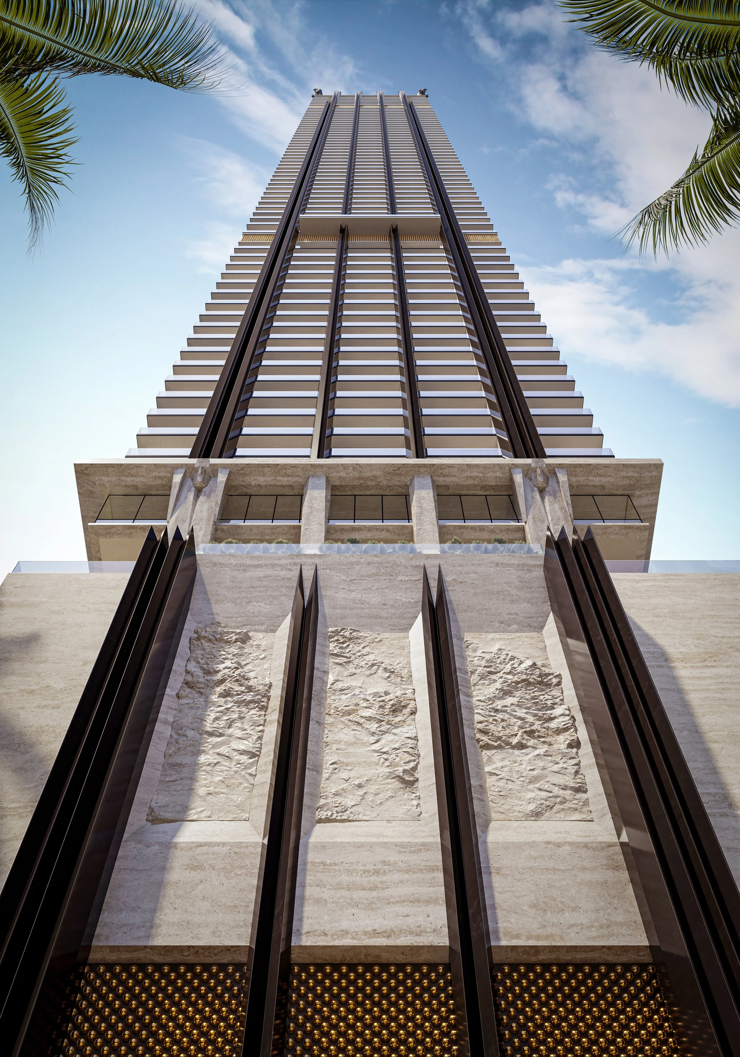 Low-angle view of a tall modern skyscraper with glass windows and concrete details, flanked by palm trees, under a partly cloudy sky.