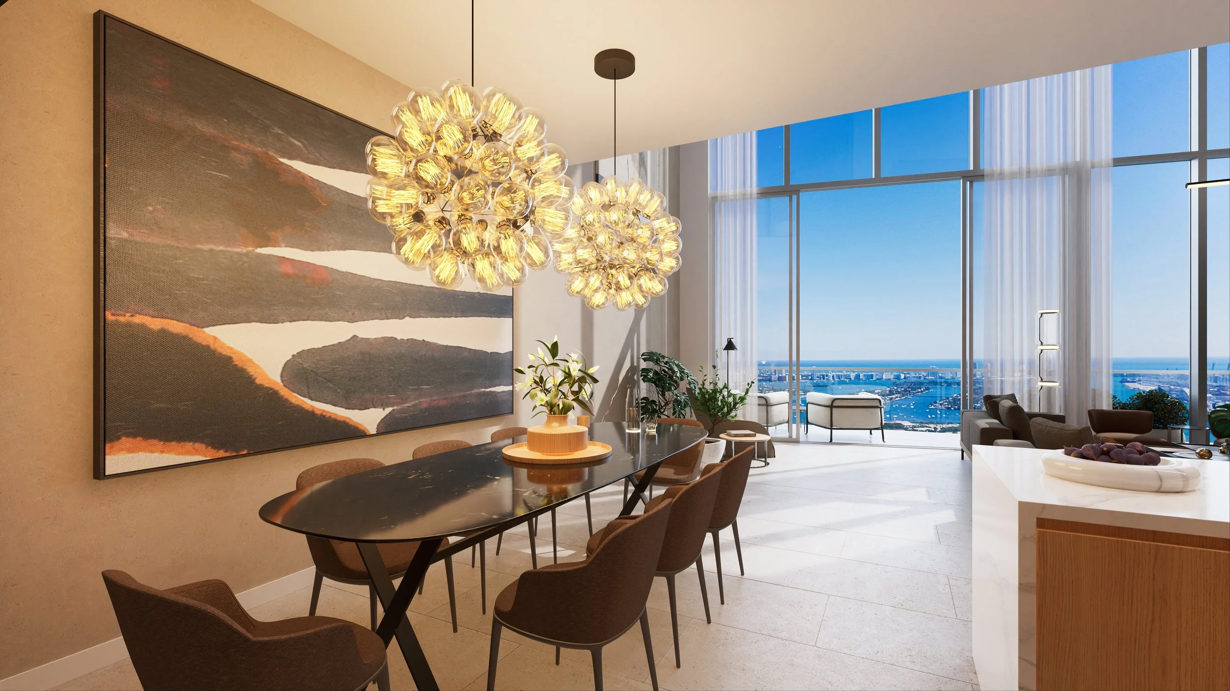 Modern dining room with a black table, brown chairs, large abstract art on beige wall, two hanging chandeliers, and a living area with large windows revealing city and water view.