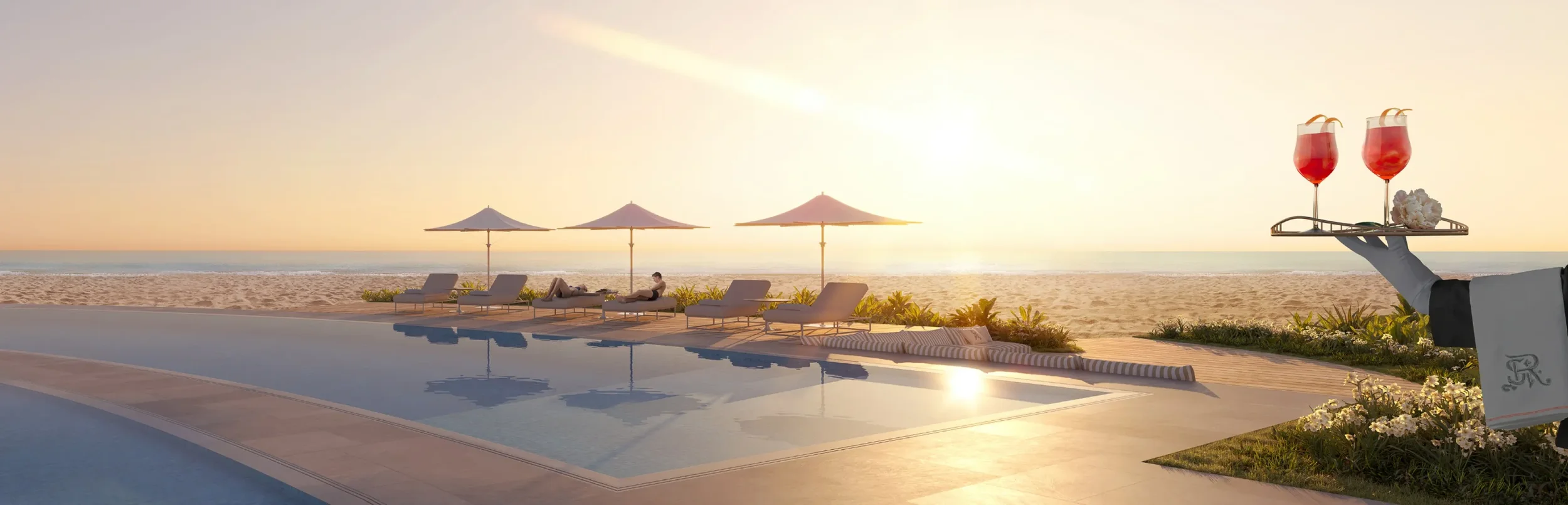 A resort scene at sunset with poolside lounge chairs, umbrellas, a person relaxing, and a tray with two drinks and a flower.