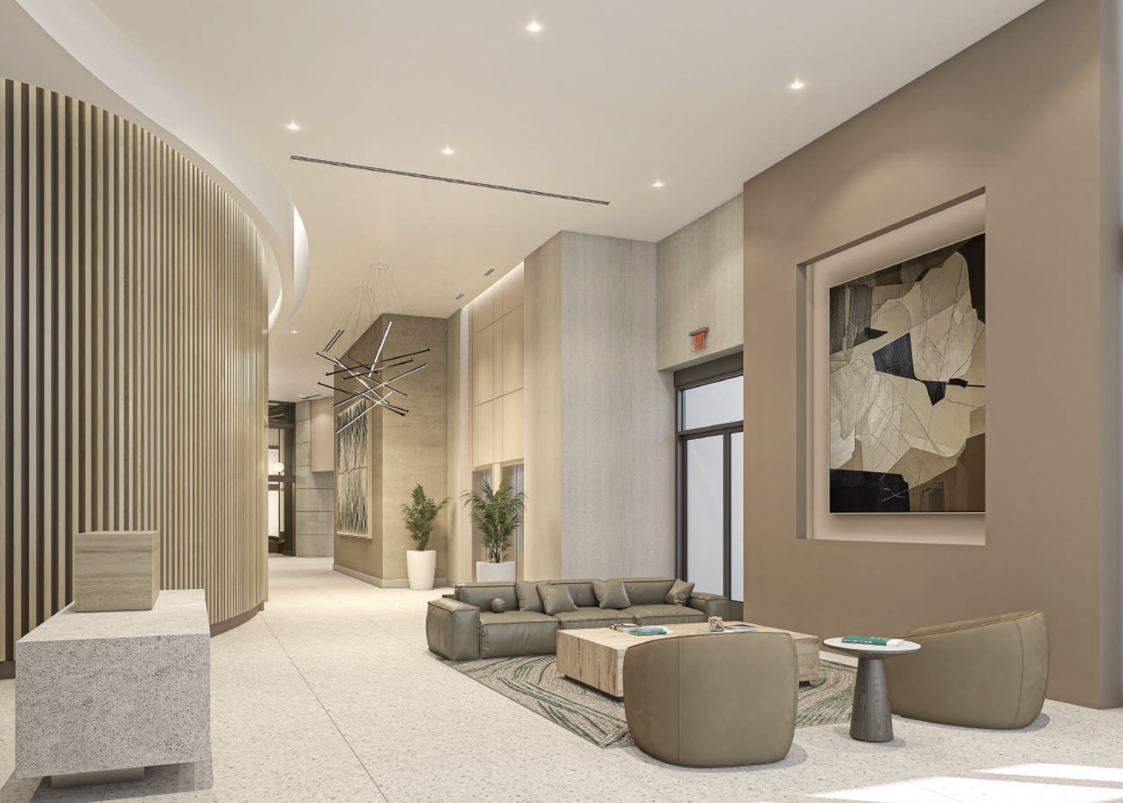 Modern hotel lobby with curved wooden slat wall, hanging light fixture, beige walls, a dark gray sofa, two matching armchairs, a wooden coffee table, magazine, books, plants in white pots, large window, and abstract art on the wall.