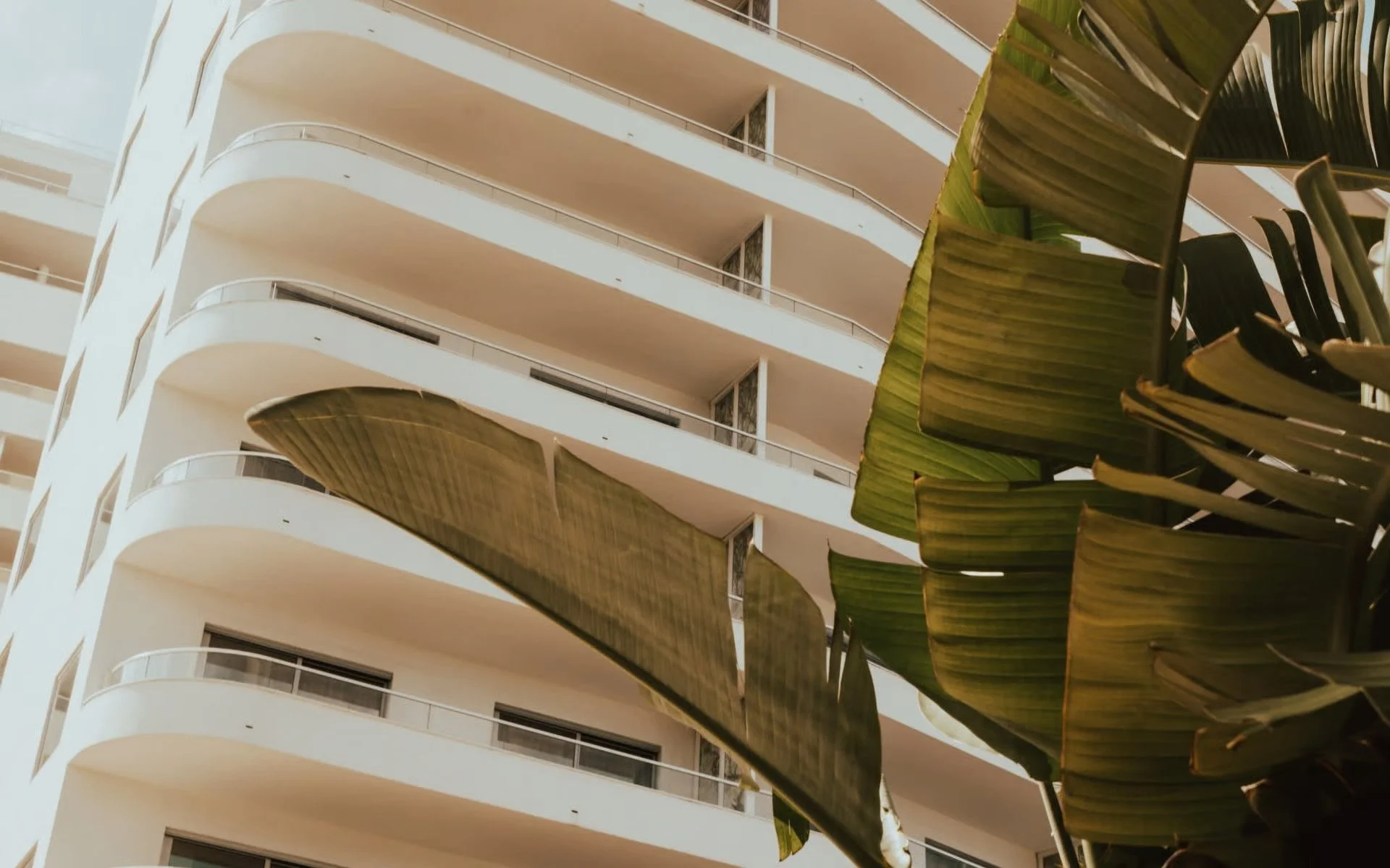 View of a modern apartment building with curved balconies, partially obscured by large green banana leaves in the foreground.