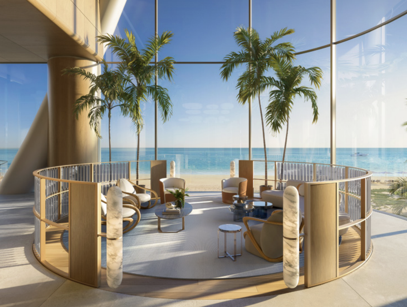 Modern lounge area with beige and white chairs, small tables, and tall palm trees, overlooking the beach and ocean through large glass windows.