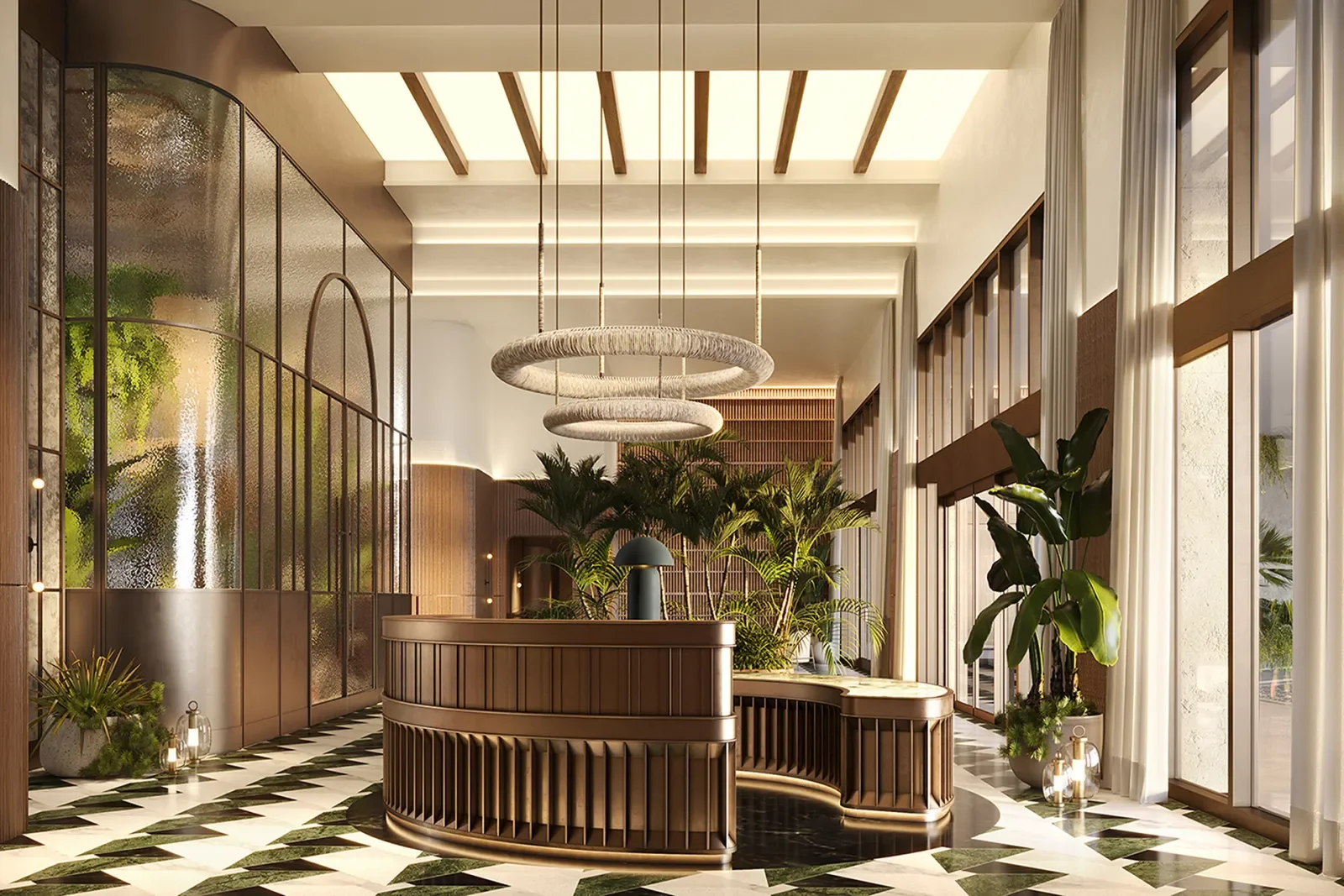 Luxurious hotel lobby with wooden reception desk, indoor plants, black and white checkered marble floor, large windows with white curtains, modern hanging light fixtures, and a high ceiling with wooden beams.
