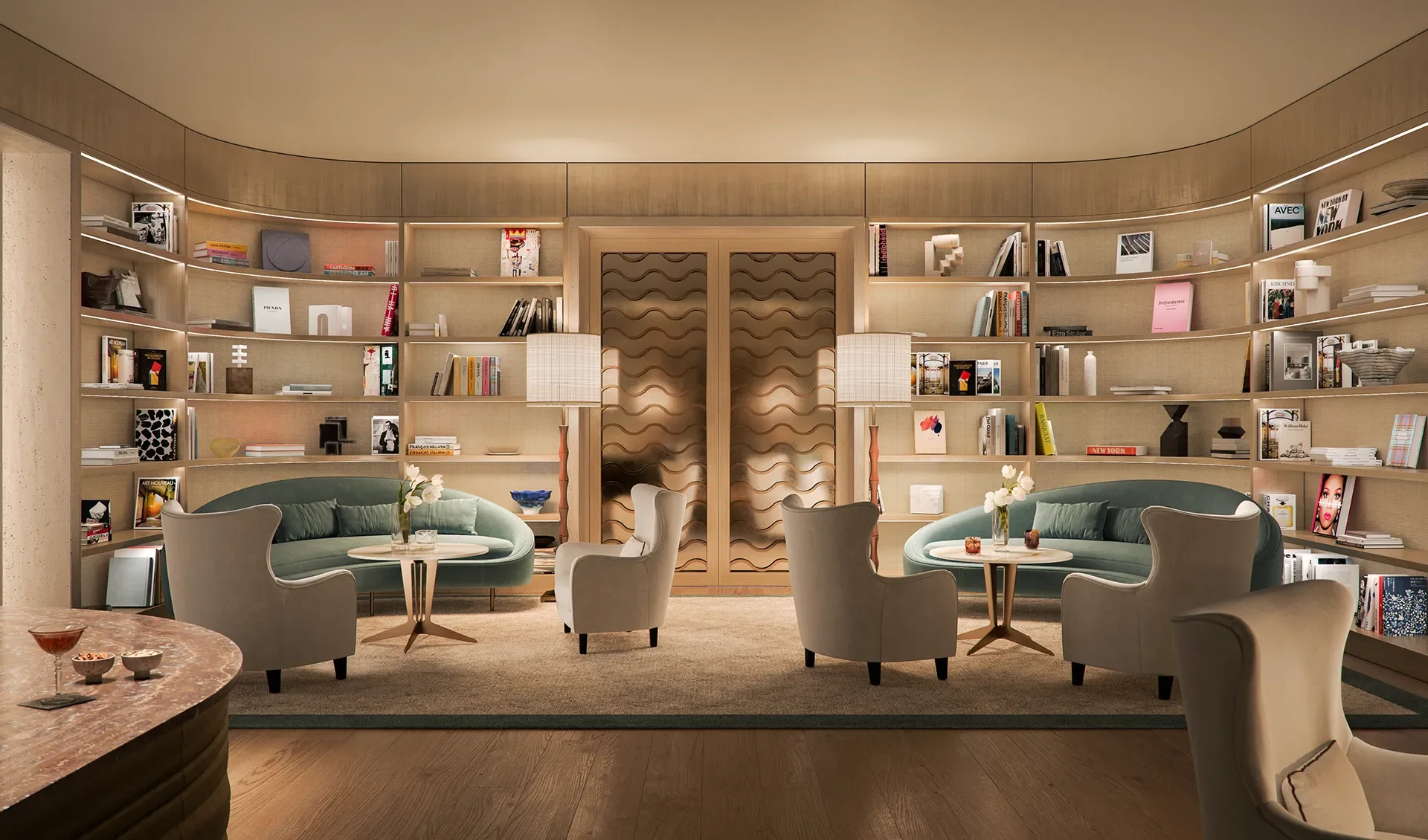 Elegant living room with curved bookshelves, two green sofas, white armchairs, small round tables with flower arrangements, and warm ambient lighting.