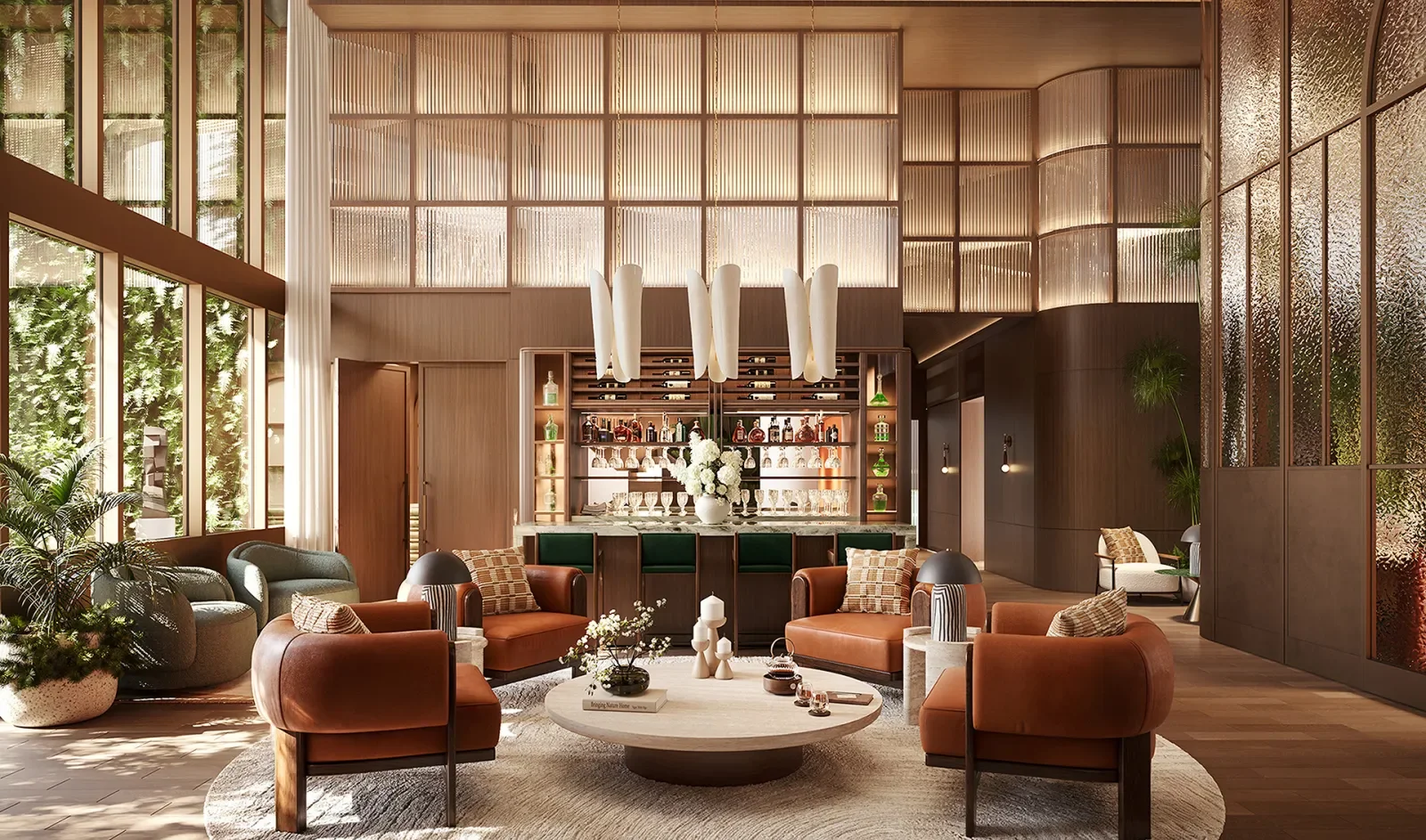 Modern hotel lobby with a central bar area, leather sofas, armchairs, and large windows with greenery outside, decorated with plants and contemporary art.