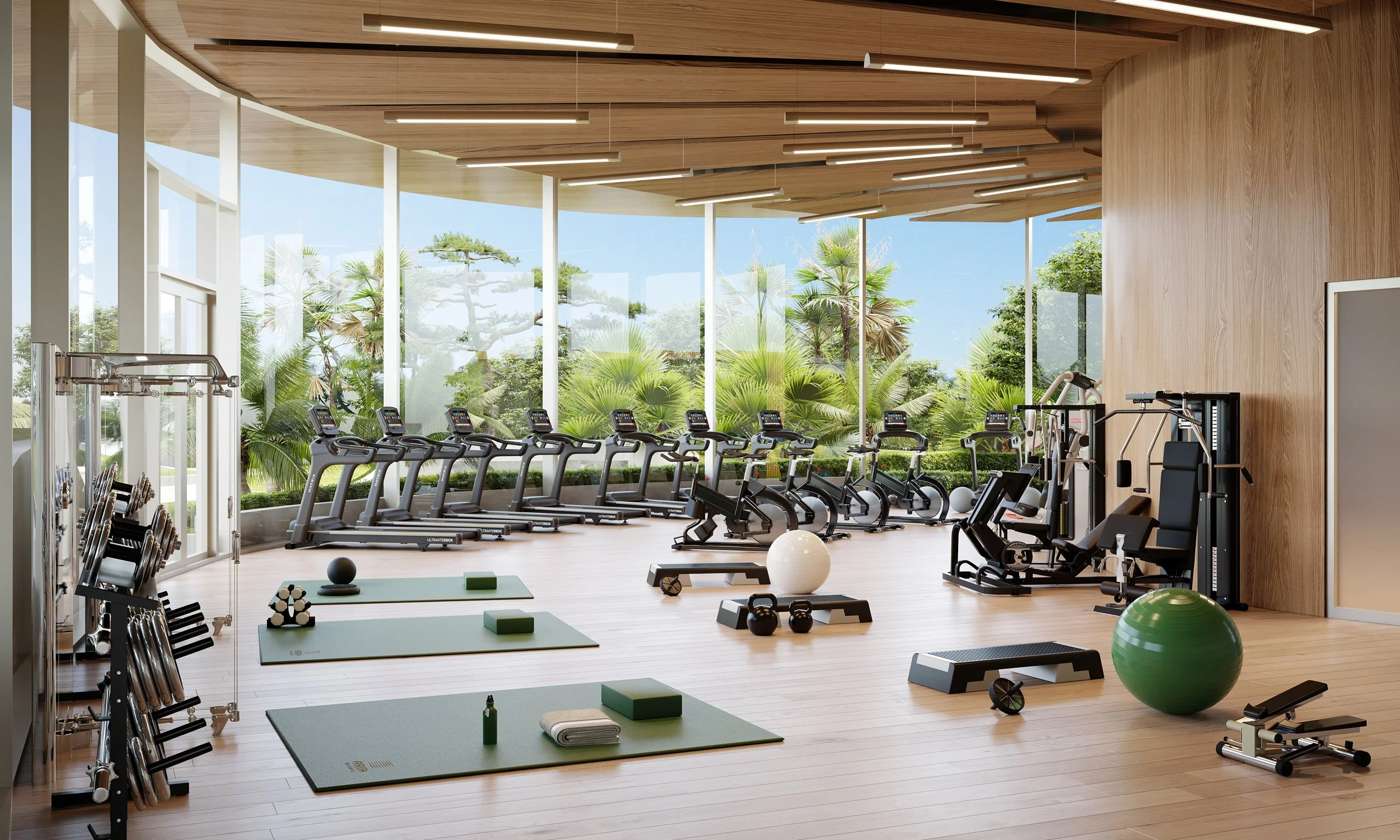 Modern indoor gym with large windows showing outdoor greenery, equipped with treadmills, exercise bikes, weight machines, free weights, stability balls, yoga mats, and various fitness equipment.