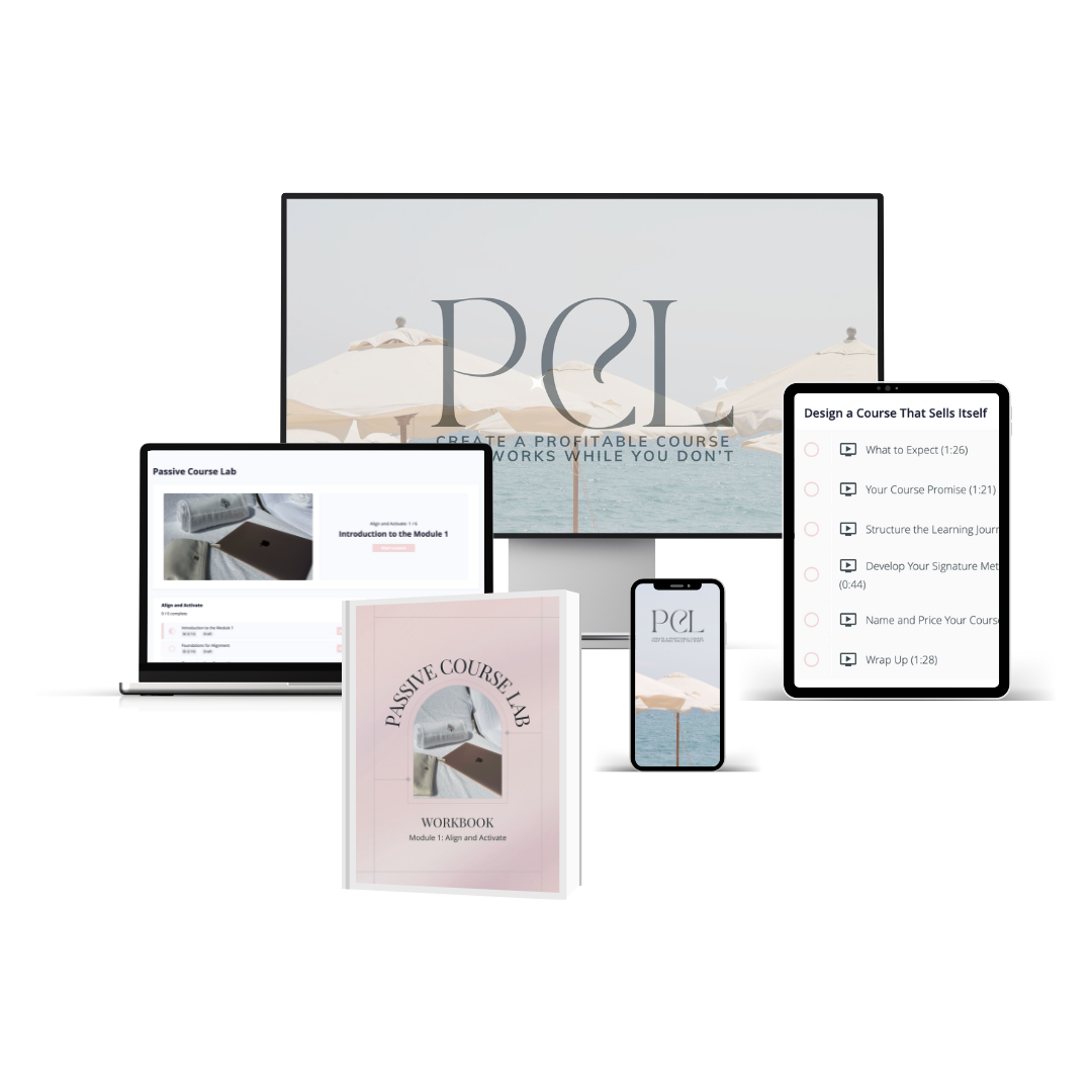 Digital display of course materials for a Passive Course Lab, including a booklet titled 'Passive Course Lab Workbook', a laptop, a smartphone, and a tablet showing course modules and video lessons. The background features a screen with the logo 'PCL' and the tagline 'Create a profitable course that works while you don't'.