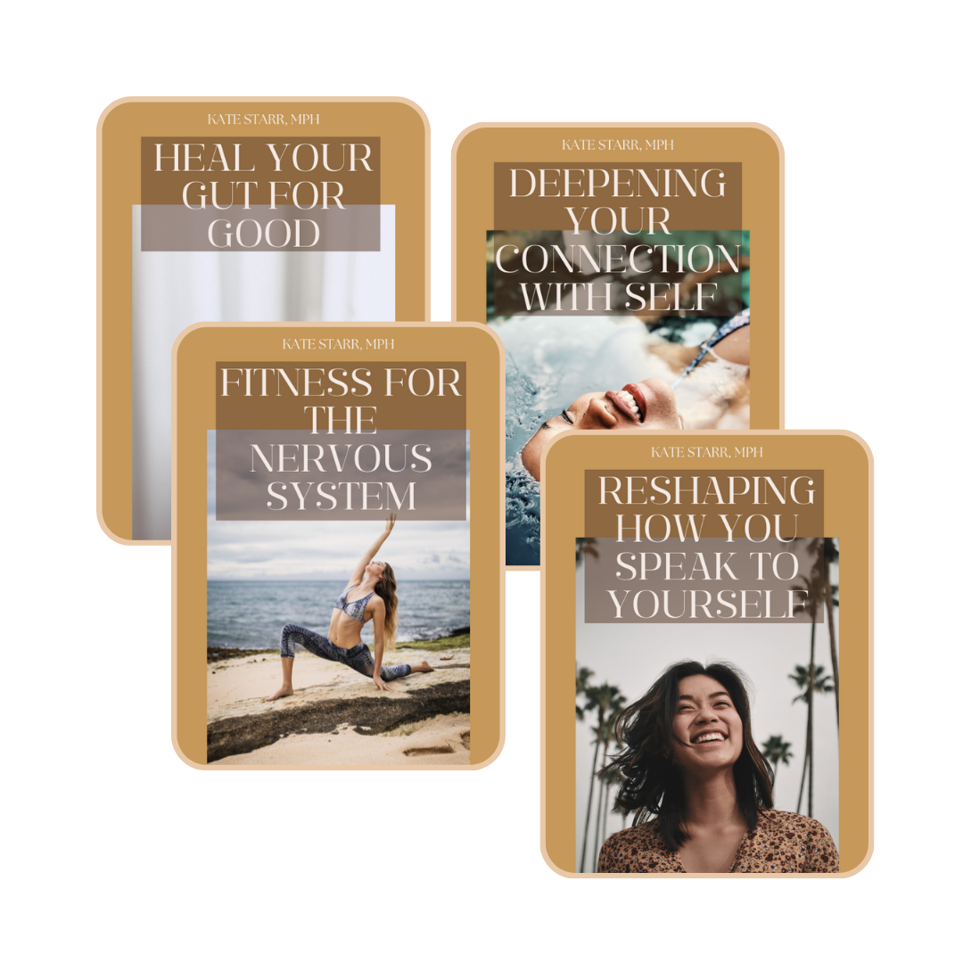 Collection of four book covers with titles and images of diverse women; topics include gut health, self-connection, nervous system fitness, and reshaping speech to oneself.