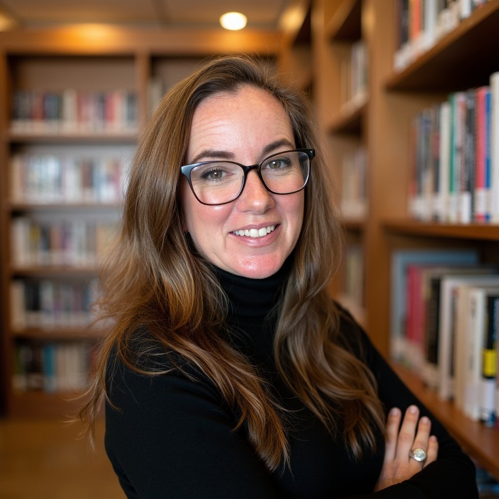 A woman with long red hair, glasses, and a black turtleneck smiling in a library with wooden shelves filled with books in the background.