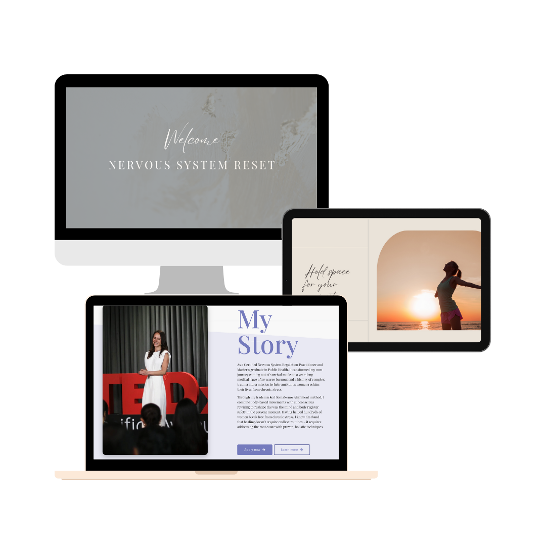 Digital devices displaying various content: a desktop monitor with a soft welcoming background and text reading 'Welcome Nervous System Reset,' a tablet showing a woman practicing yoga at sunset, a laptop with an article titled 'My Story' and a TED Talk speaker, and a smaller device with handwritten notes about holding space.