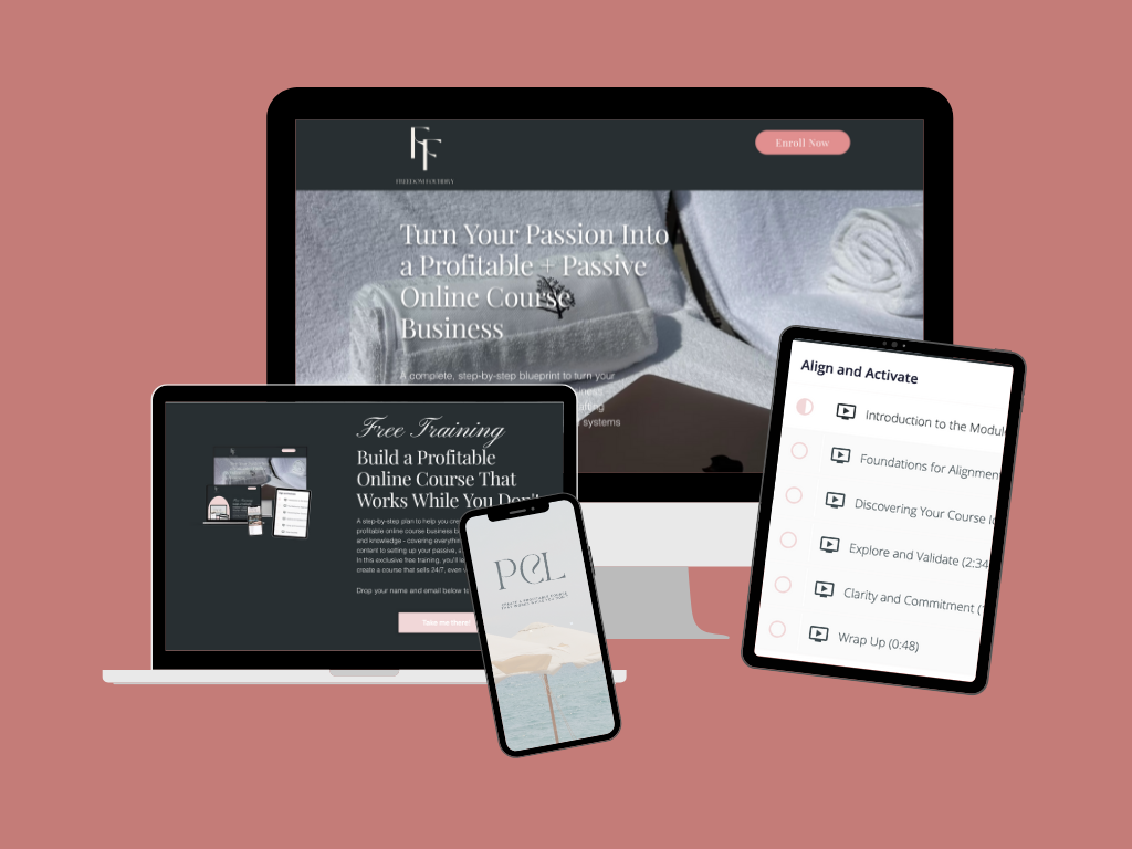 A digital marketing setup with a desktop computer, a laptop, and a smartphone displaying an online course platform. The screen shows course content, modules, and a pink enrollment button, all set against a pink background.
