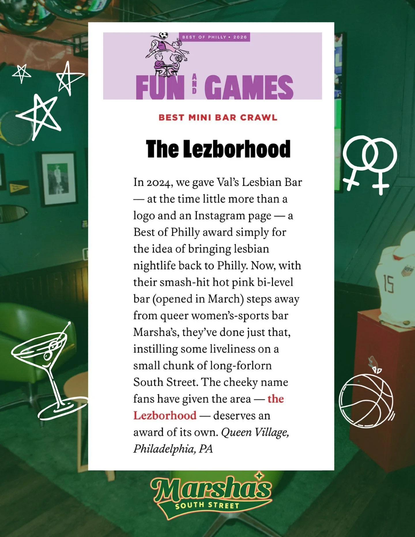 Screenshot of a news article titled "Best Mini Bar Crawl: The Lezborhood"