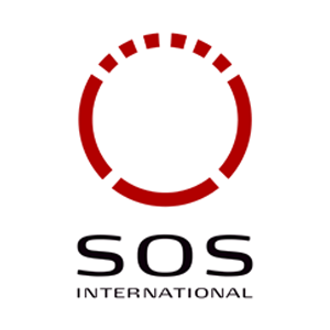 SOS Internationalin logo, punainen ympyrä ja teksti 'sos international'