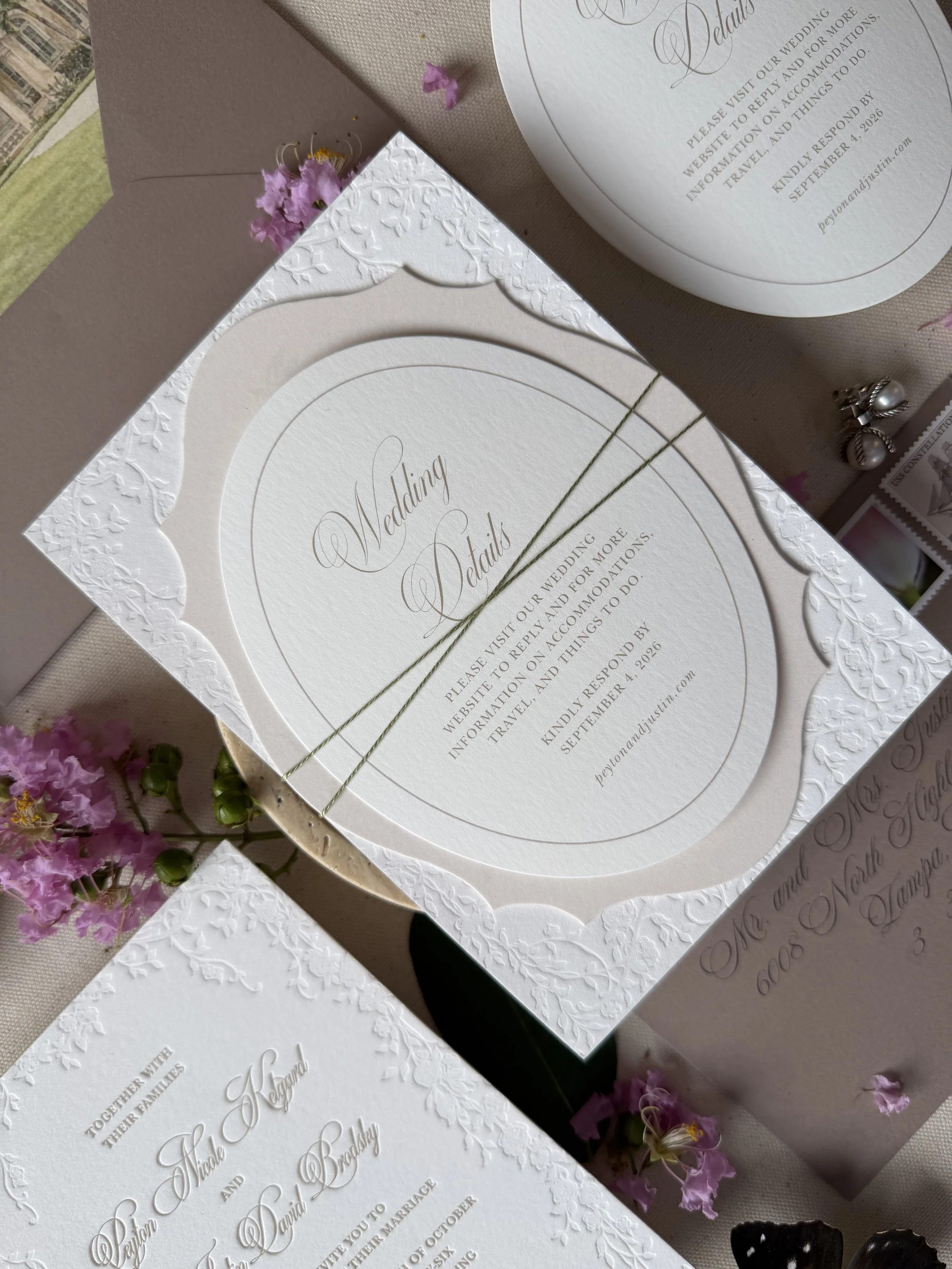Rose floral letterpress invitation suite with roman arch insert.jpeg