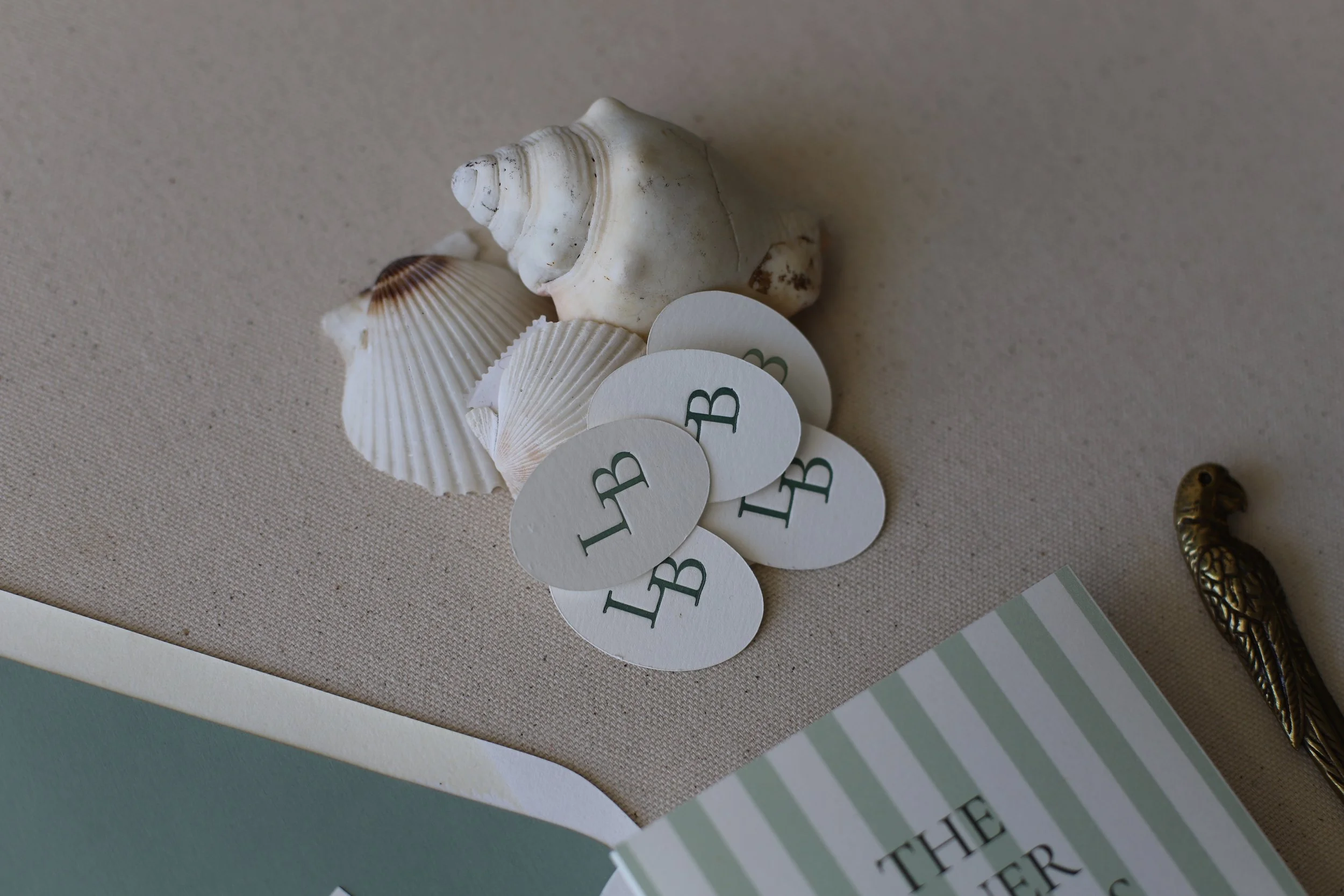 Sage Green Florida Palm Tree Letterpress Wedding Invitation Suite Oval die cut monogram